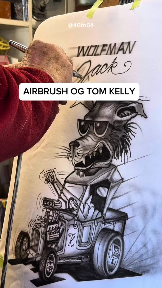 Tom Kelly is an original airbrush artist. He started in 1953 with his grandfather, the Baron, and went on to work with Ed Roth in the 1950s.