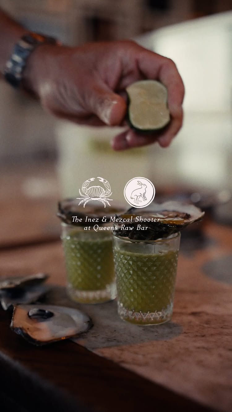 The Inez & Mezcal Shooter at Queens.
 
Inez Olive Oil washed Mezcal and Queens green goddess granita get shaken together and topped with an 