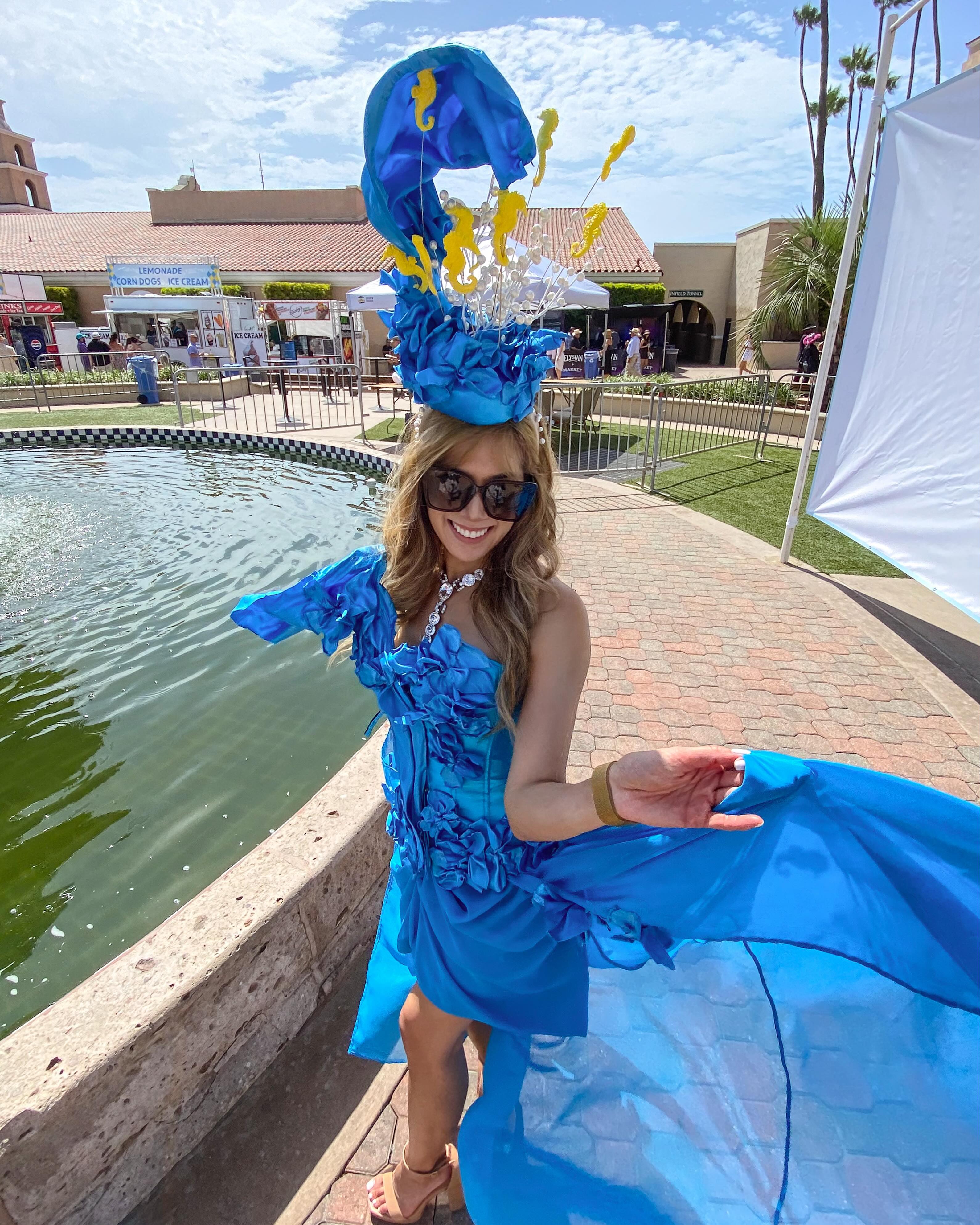 Great to meet Dr. Tina @beautypharmatiq in person at Del Mar with a seahorse-themed hat for the Opening Day Hats Contest and wearing the blu