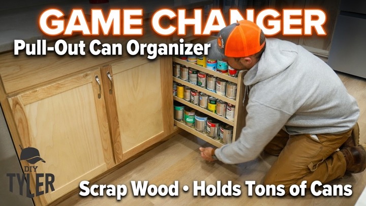 GAME CHANGER Pull-Out Can Organizer" + "Built with Scrap Wood