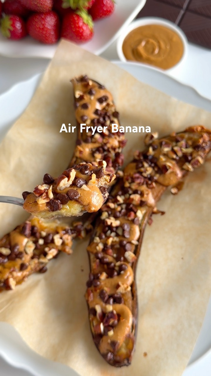A fun & easy dessert idea: air fryer banana😍 #easydessert #easyrecipe #healthydessert