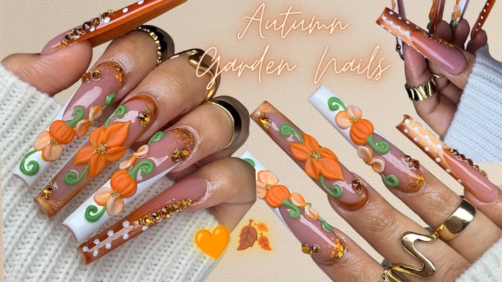 🧡I CAN’T STOP STARRING! 😍 | Autumn Garden Nails 🍂🎃| 3XL Coffin Nail Tutorial