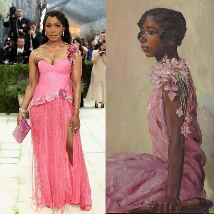 Angela🌹 @im.angelabassett attends the MET Gala 

Fashion is Art
The look is inspired by the painting from the Harlem Renaissance “the girl in the pink dress” by Laura Wheeler Waring. The painting represents the youthful 