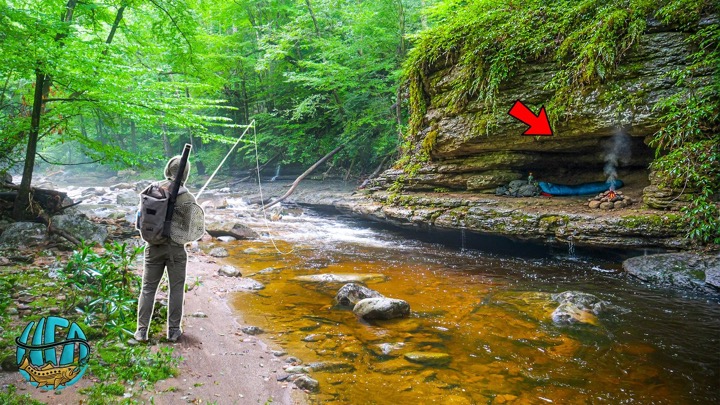 2 Days Fishing and SOLO Camping With NO Tent In the Wilderness... I Slept In A Cave