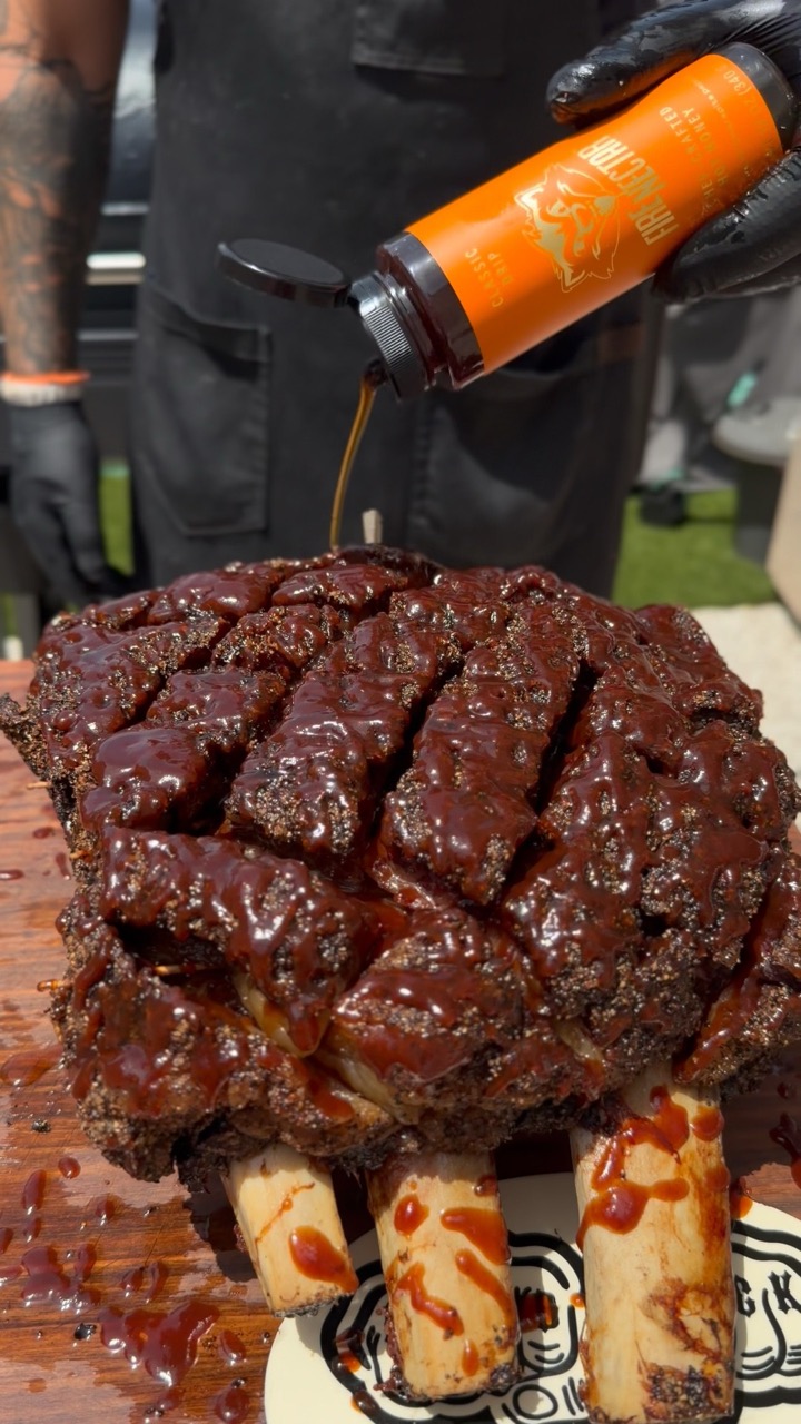 Smoked Wagyu Beef Dino Rib Burnt Ends, sauced and drizzled with hot honey. #beef #brisket