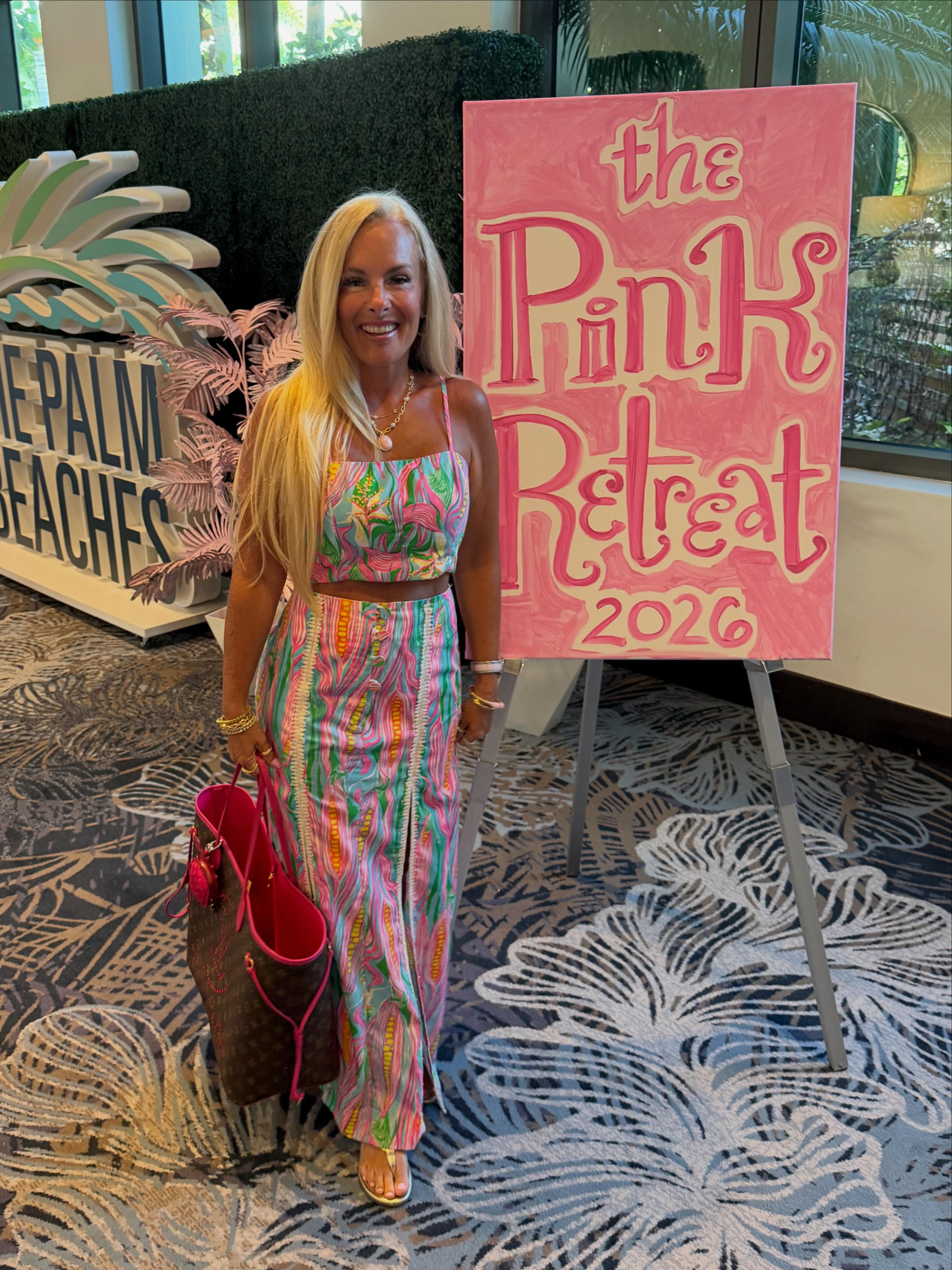 Morning 1 of The Pink Retreat 2026!  I am wearing the corn 🌽 print from the 70’s!! I bought these as bell bottom pants that were very long