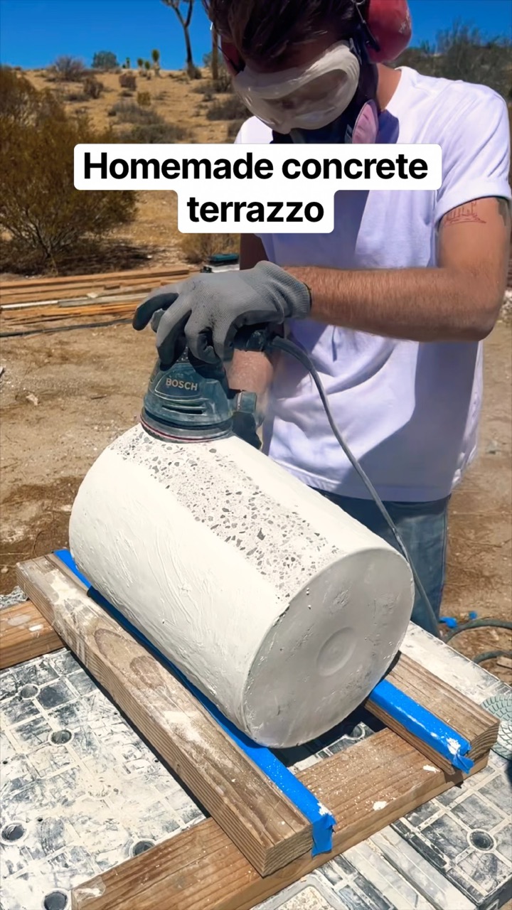 I made #homemade concrete for a DIY #terrazzo planter. I used a 5 gallon bucket for the mold. #diy
