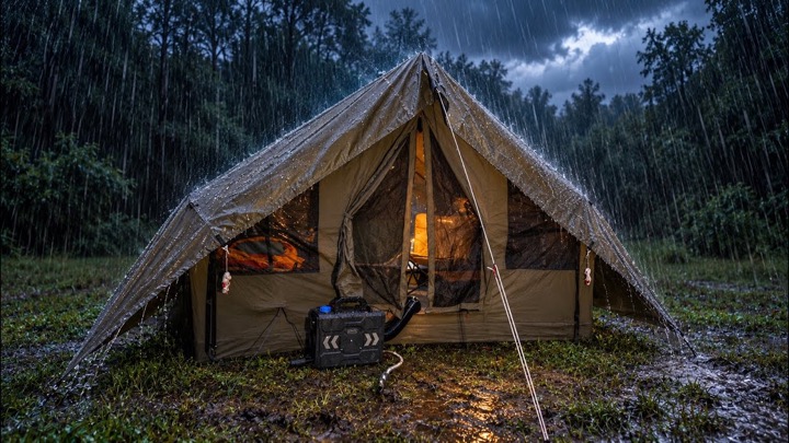 Heavy Rain Camping In My FIRST Inflatable Tent !!