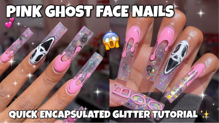 Pink "Spooky" Ghost Face Nails 💕 | Acrylic Glitter Encapsulation | Cartoon Drip Nail Art!