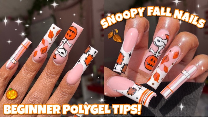 SNOOPY PUMPKIN FALL NAIL ART 🤎🎃 | POLYGEL NAIL APPLICATION | EASY FALL DESIGNS FOR BEGINNERS