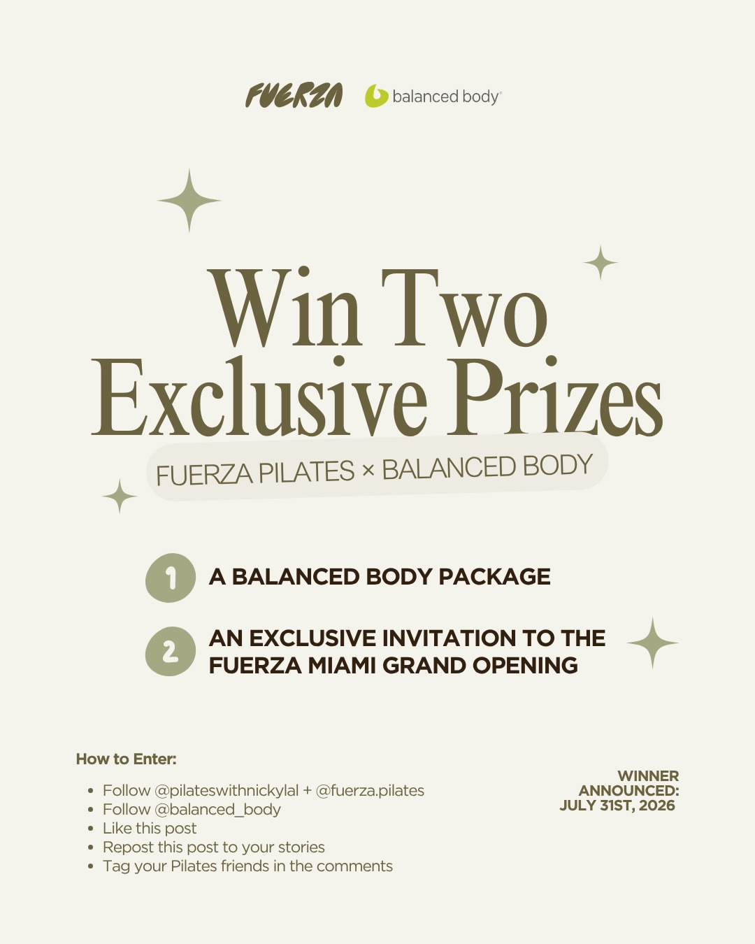 @fuerza.pilates x @balanced_body Giveaway!

To celebrate the opening of the new Fuerza Pilates Miami studio, Balanced Body and Fuerza Pilates are giving away two exclusive prizes.

