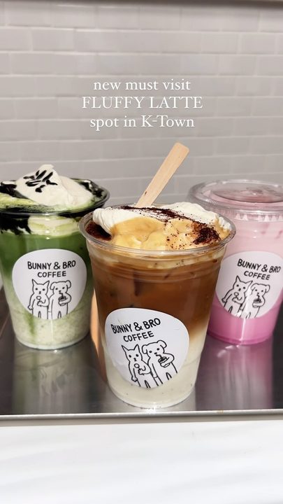 These fluffy lattes are from a new cafe in k-town @bunnybrocoffee ☕️🍵

Topped with sweet cream, they are the perfect balance of sweetness & have such lovely flavors. 

Try their matcha, Korean corn latte, and the Sakura 