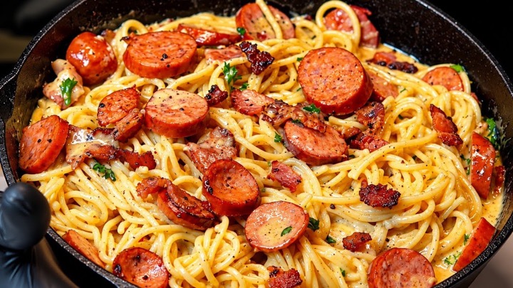 I Put Beef Sausage & Bacon in Alfredo Spaghetti… THIS Was CRAZY GOOD!