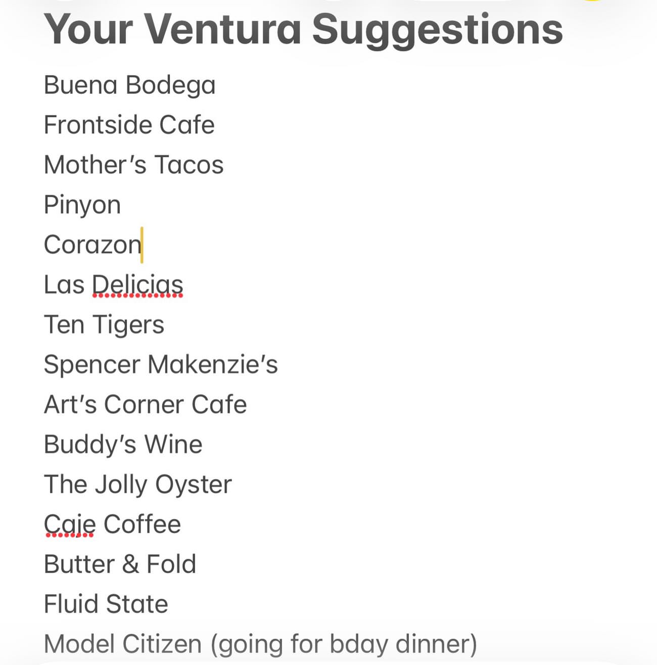 Thank you to everyone who shared their Ventura 🍽️ recs.
Here’s a curated list of the suggestions.