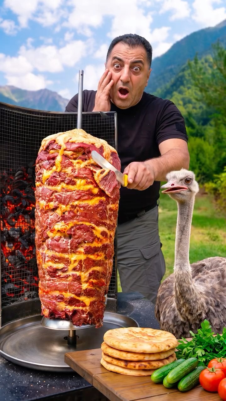 Wild Ostrich Döner Cooked Over Fire